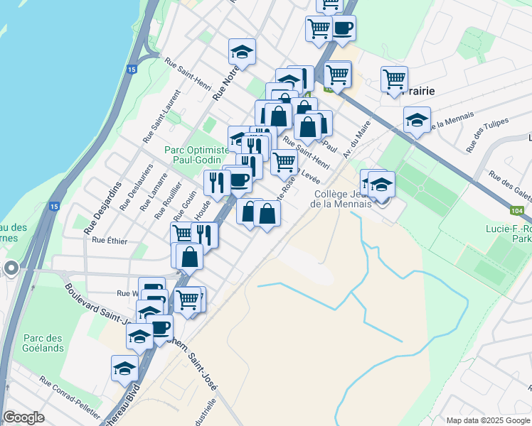 map of restaurants, bars, coffee shops, grocery stores, and more near 604 Rue Sainte-Rose in La Prairie
