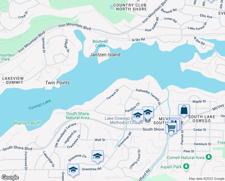 map of restaurants, bars, coffee shops, grocery stores, and more near 843 Terrace Dr in Lake Oswego
