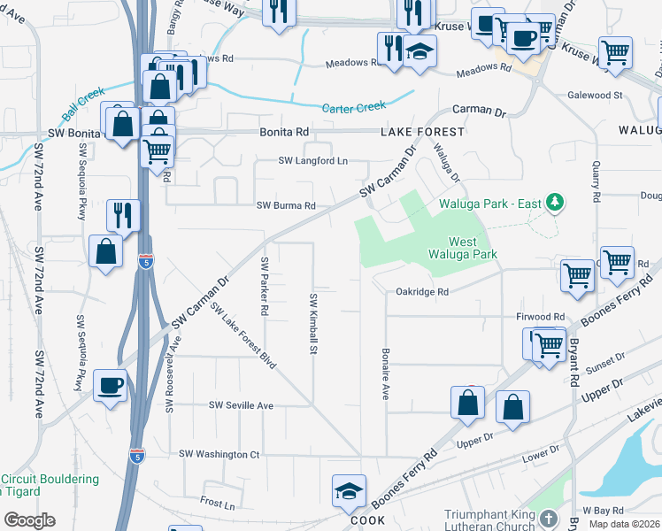 map of restaurants, bars, coffee shops, grocery stores, and more near 15860 Southwest Kimball Street in Lake Oswego