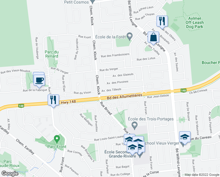 map of restaurants, bars, coffee shops, grocery stores, and more near 611 Avenue des Tilleuls in Gatineau