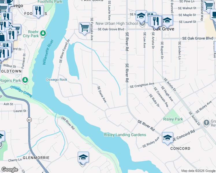 map of restaurants, bars, coffee shops, grocery stores, and more near 1481 Southeast Eastwood Court in Milwaukie
