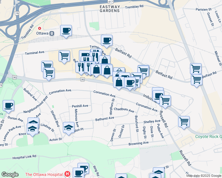 map of restaurants, bars, coffee shops, grocery stores, and more near 570 Industrial Avenue in Ottawa