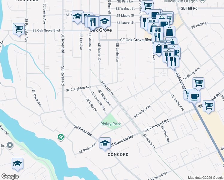 map of restaurants, bars, coffee shops, grocery stores, and more near 15530 Southeast Arista Drive in Milwaukie