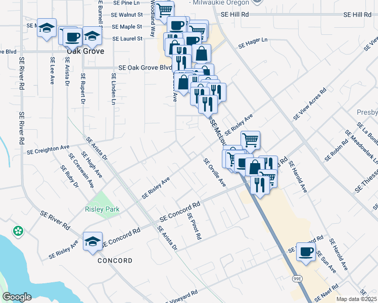 map of restaurants, bars, coffee shops, grocery stores, and more near 15540 Southeast East Avenue in Milwaukie