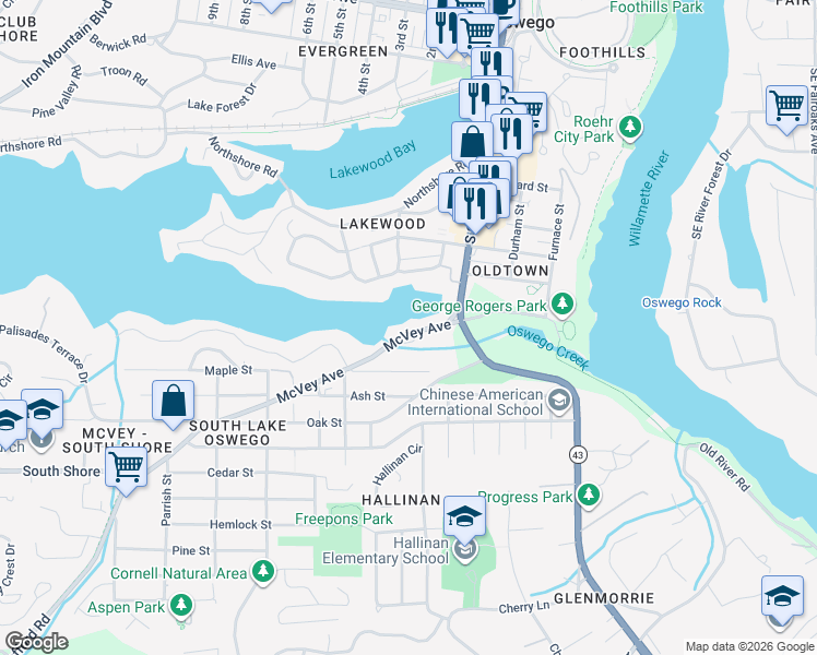 map of restaurants, bars, coffee shops, grocery stores, and more near 696 McVey Avenue in Lake Oswego
