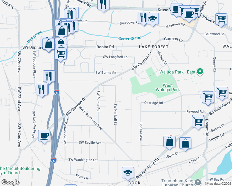 map of restaurants, bars, coffee shops, grocery stores, and more near 15825 Southwest Kimball Street in Lake Oswego