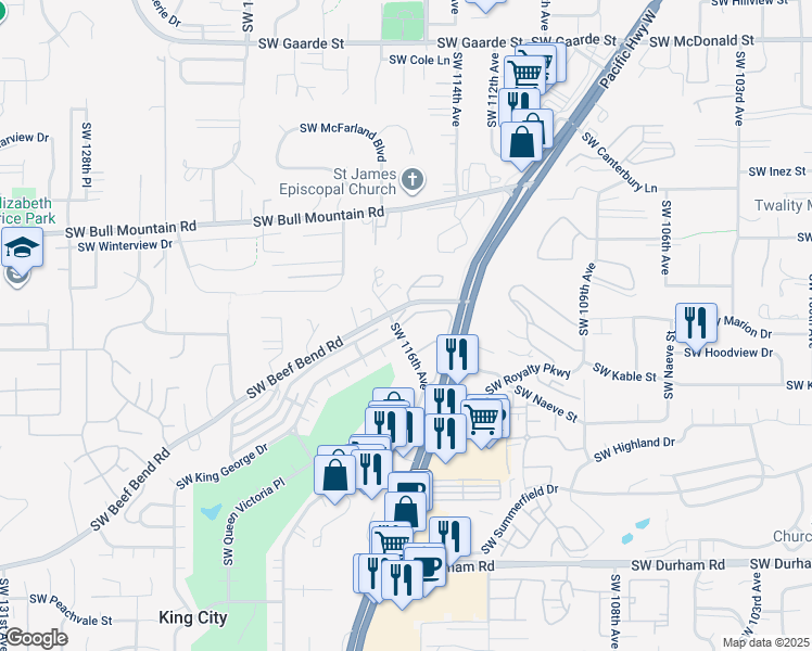 map of restaurants, bars, coffee shops, grocery stores, and more near 11575 Southwest Crown Drive in King City