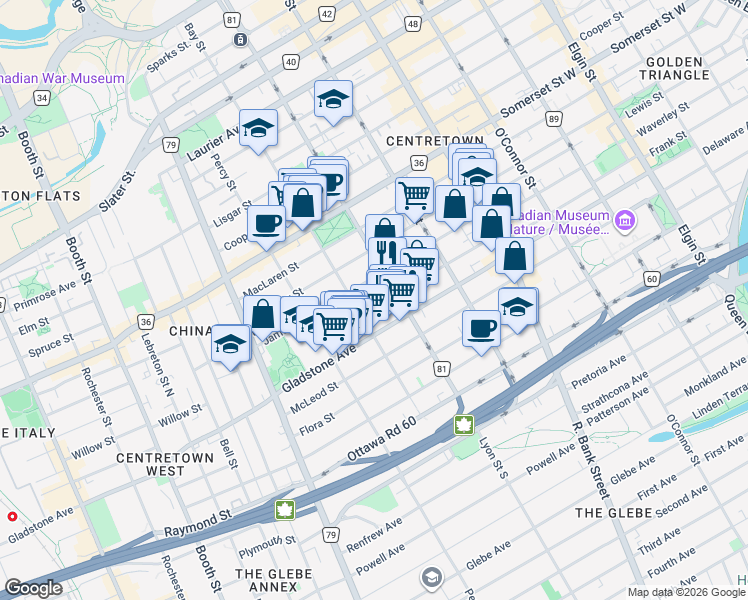 map of restaurants, bars, coffee shops, grocery stores, and more near 163 Florence Street in Ottawa