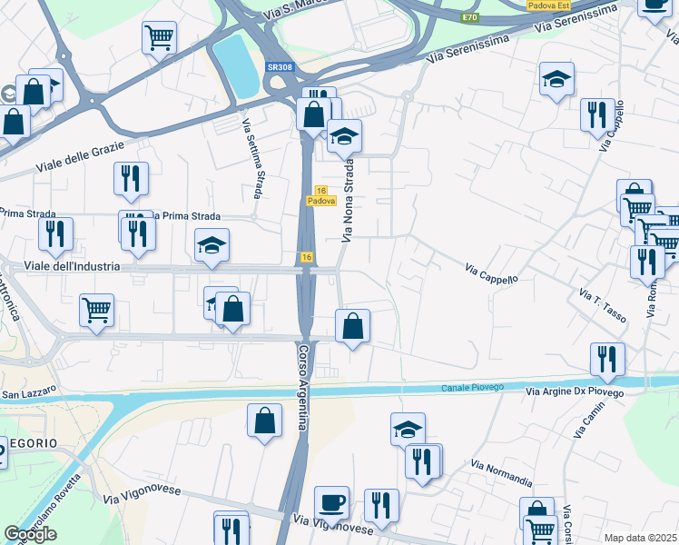 map of restaurants, bars, coffee shops, grocery stores, and more near 89 Viale dell'Industria in Padova