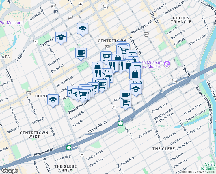 map of restaurants, bars, coffee shops, grocery stores, and more near 483 Gladstone Avenue in Ottawa