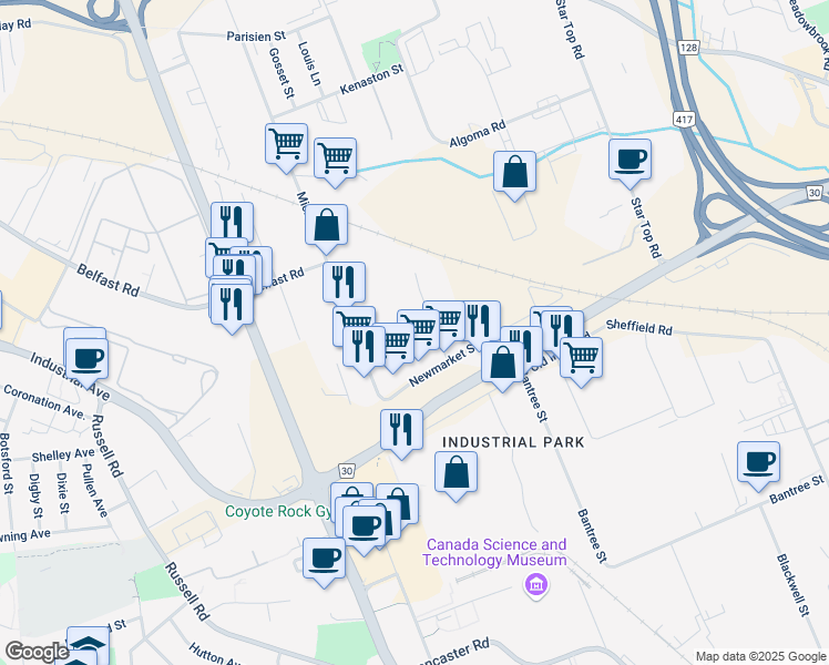 map of restaurants, bars, coffee shops, grocery stores, and more near 1600 Liverpool Court in Ottawa