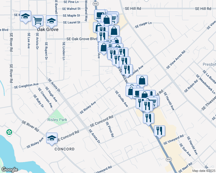 map of restaurants, bars, coffee shops, grocery stores, and more near 15540 Southeast East Avenue in Milwaukie