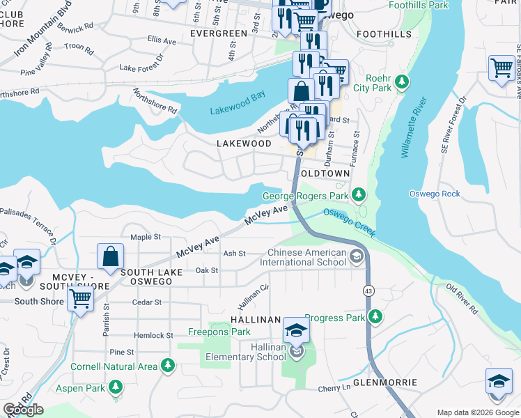 map of restaurants, bars, coffee shops, grocery stores, and more near 696 McVey Avenue in Lake Oswego