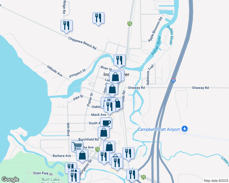 map of restaurants, bars, coffee shops, grocery stores, and more near 3555 Juno Street in Indian River