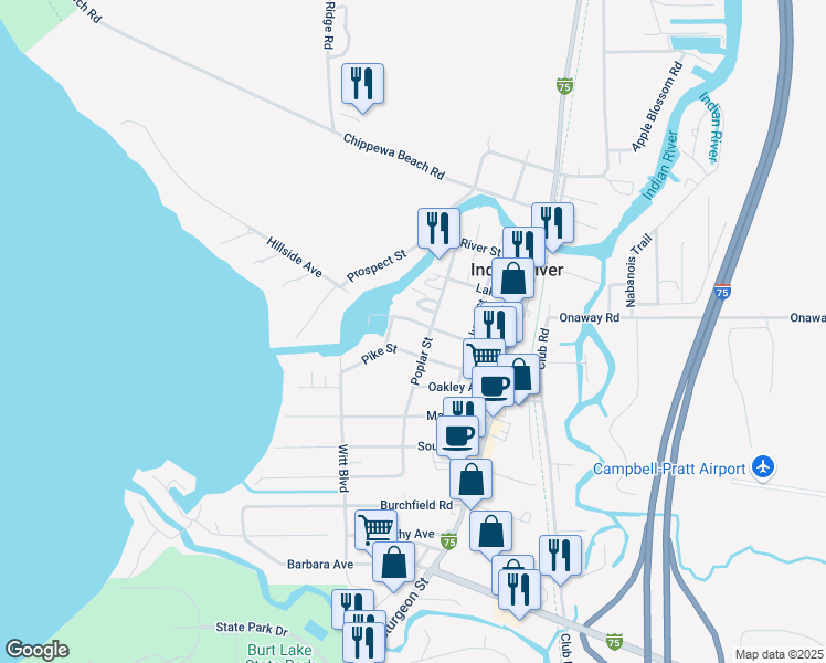 map of restaurants, bars, coffee shops, grocery stores, and more near 6249 Arthur Street in Indian River
