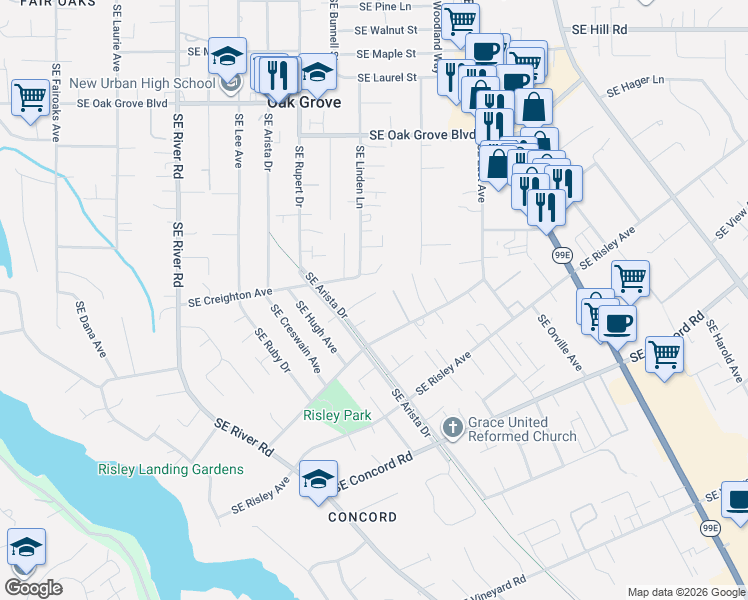 map of restaurants, bars, coffee shops, grocery stores, and more near 2630 Southeast Ada Lane in Milwaukie
