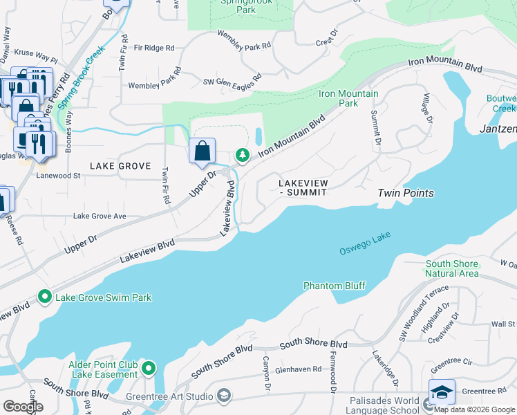 map of restaurants, bars, coffee shops, grocery stores, and more near 2461 Summit Drive in Lake Oswego