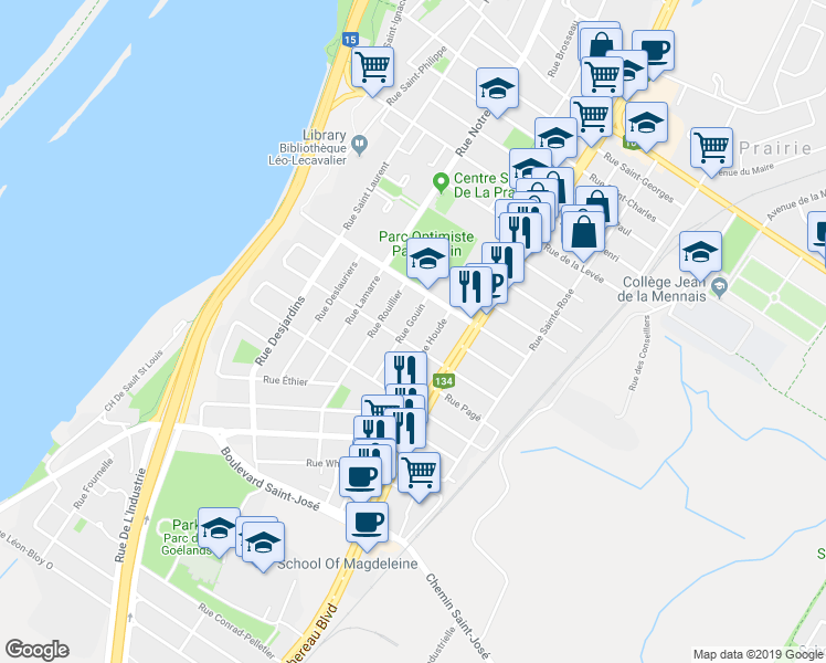map of restaurants, bars, coffee shops, grocery stores, and more near 735 Rue Gouin in La Prairie