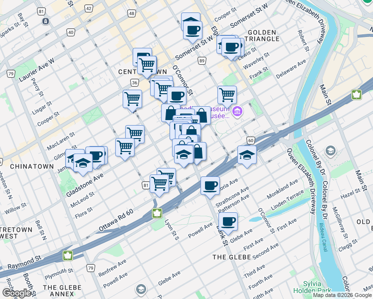 map of restaurants, bars, coffee shops, grocery stores, and more near 480 Bank Street in Ottawa