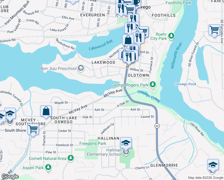 map of restaurants, bars, coffee shops, grocery stores, and more near 668 McVey Avenue in Lake Oswego