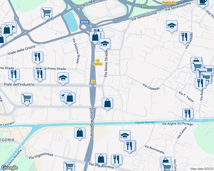 map of restaurants, bars, coffee shops, grocery stores, and more near 89 Viale dell'Industria in Padova