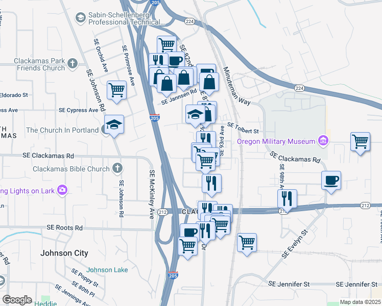 map of restaurants, bars, coffee shops, grocery stores, and more near 9161 Southeast Clackamas Road in Clackamas