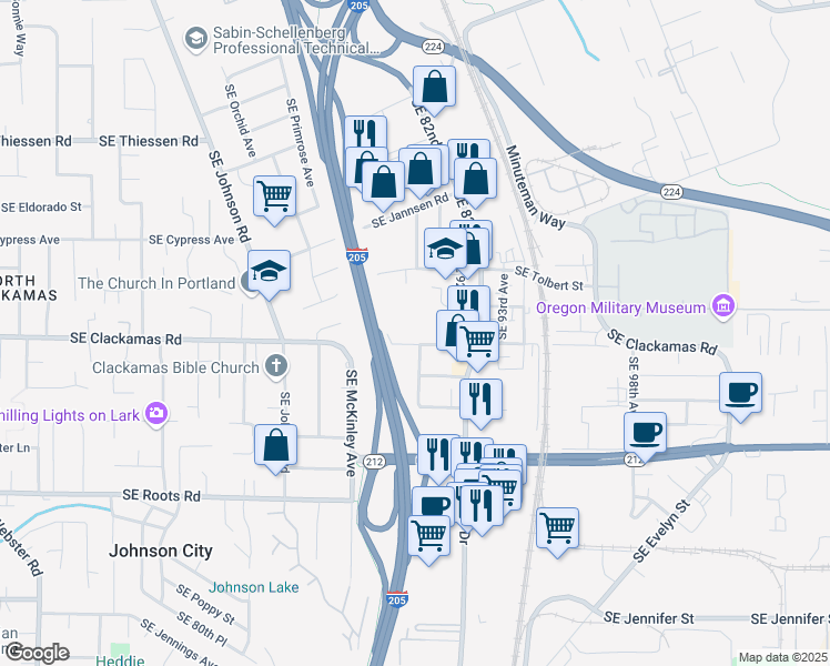 map of restaurants, bars, coffee shops, grocery stores, and more near 9003 Southeast Clackamas Road in Clackamas