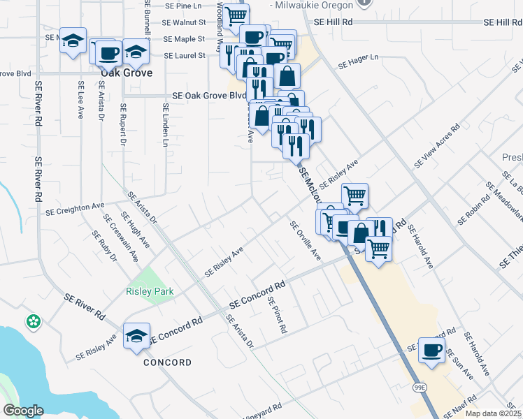 map of restaurants, bars, coffee shops, grocery stores, and more near 2920 Southeast Swain Avenue in Milwaukie
