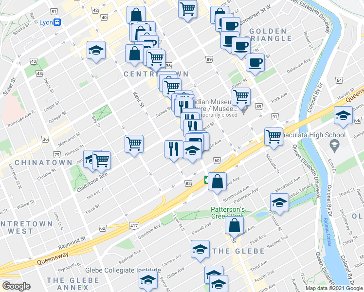 map of restaurants, bars, coffee shops, grocery stores, and more near in Ottawa