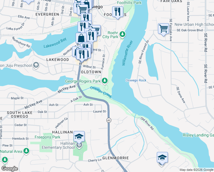 map of restaurants, bars, coffee shops, grocery stores, and more near 611 North State Street in Lake Oswego