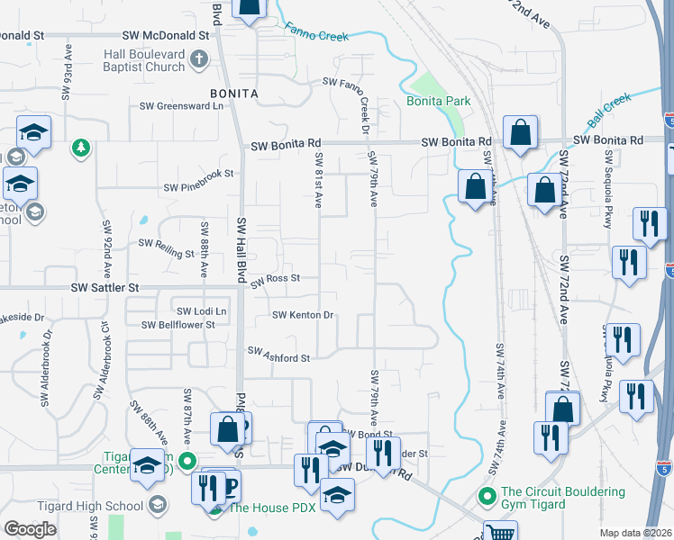map of restaurants, bars, coffee shops, grocery stores, and more near 8040 Southwest Barnum Street in Tigard