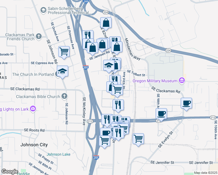 map of restaurants, bars, coffee shops, grocery stores, and more near 9161 Southeast Clackamas Road in Clackamas