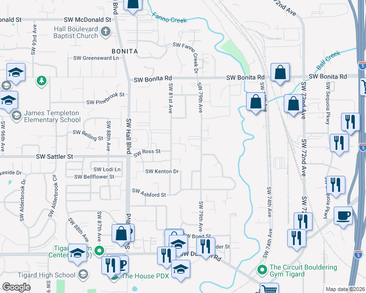 map of restaurants, bars, coffee shops, grocery stores, and more near 8026 Southwest Barnum Street in Tigard