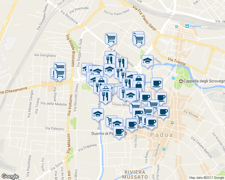 map of restaurants, bars, coffee shops, grocery stores, and more near 27 Riviera Albertino Mussato in Padua