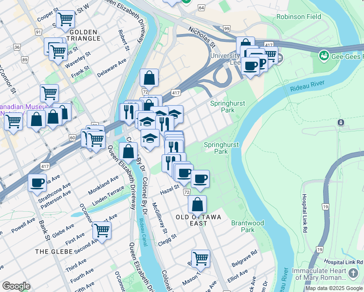 map of restaurants, bars, coffee shops, grocery stores, and more near 67 Springhurst Avenue in Ottawa