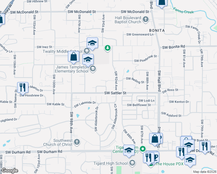 map of restaurants, bars, coffee shops, grocery stores, and more near 15080 Southwest 93rd Avenue in Tigard