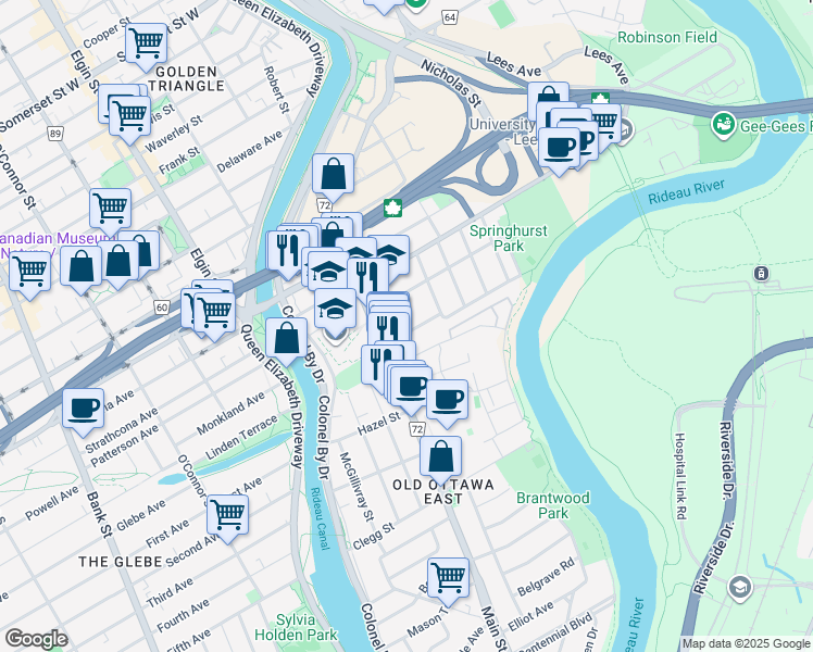 map of restaurants, bars, coffee shops, grocery stores, and more near 67 Springhurst Avenue in Ottawa