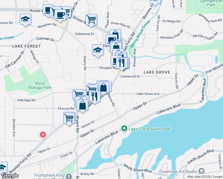 map of restaurants, bars, coffee shops, grocery stores, and more near 15840 Boones Ferry Road in Lake Oswego