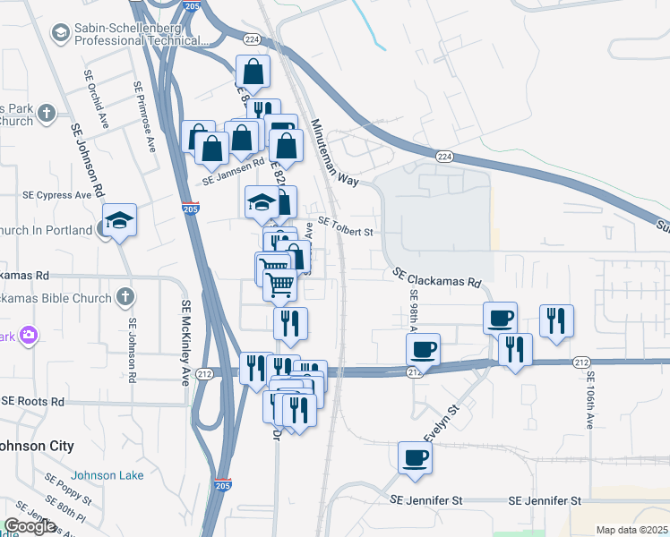 map of restaurants, bars, coffee shops, grocery stores, and more near 15410 Southeast 94th Avenue in Clackamas
