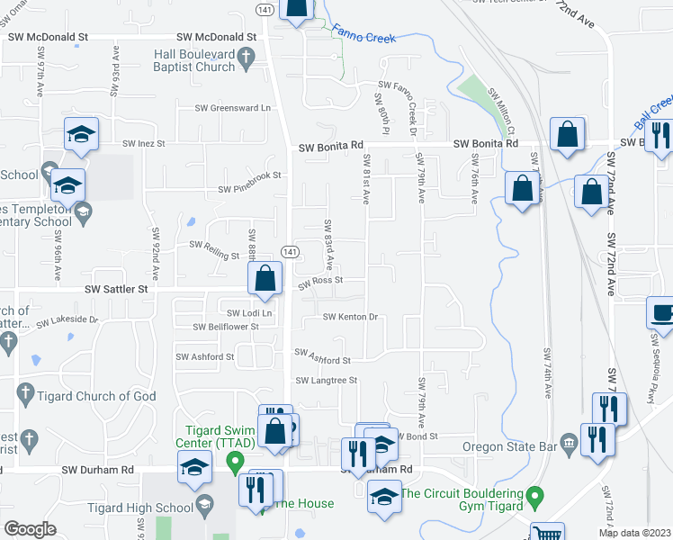 map of restaurants, bars, coffee shops, grocery stores, and more near 8275 Southwest Ross Street in Tigard