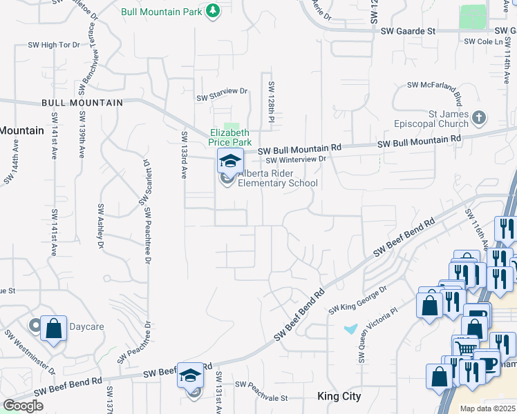 map of restaurants, bars, coffee shops, grocery stores, and more near 15049 Southwest Greenfield Drive in Tigard