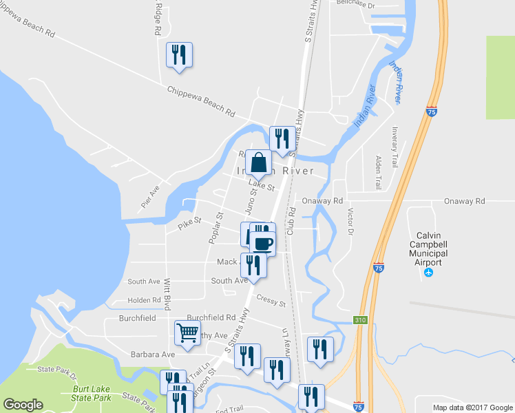 map of restaurants, bars, coffee shops, grocery stores, and more near 3555 Juno Street in Indian River