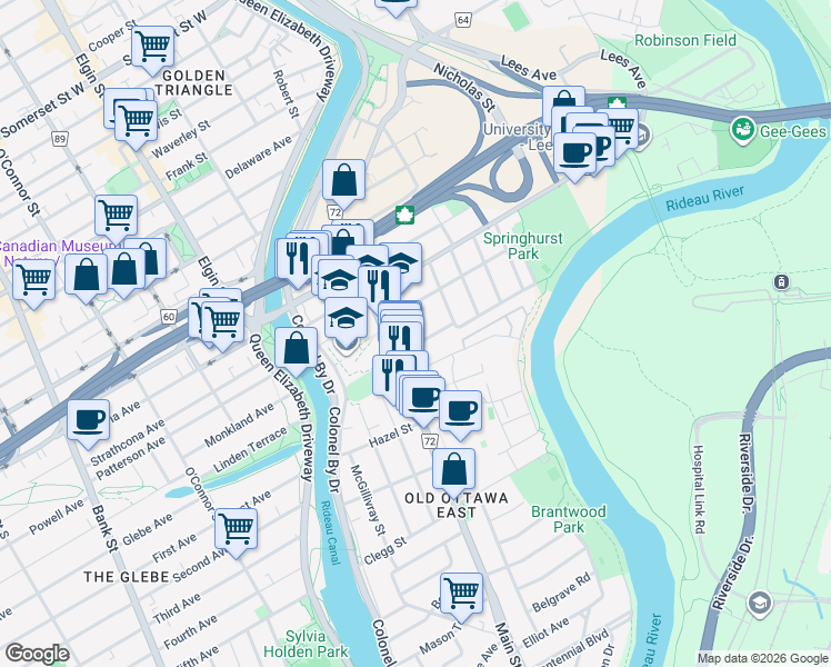 map of restaurants, bars, coffee shops, grocery stores, and more near 67 Springhurst Avenue in Ottawa