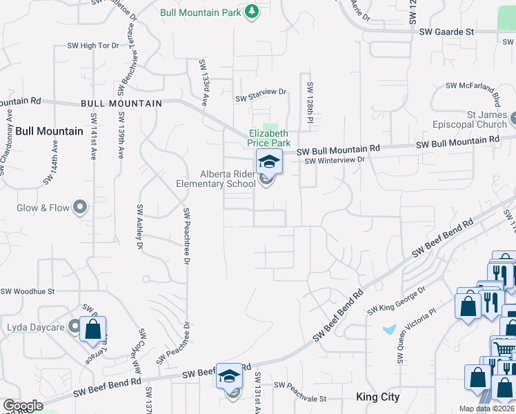 map of restaurants, bars, coffee shops, grocery stores, and more near 15046 Southwest 132nd Terrace in Tigard