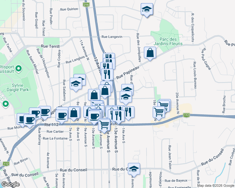 map of restaurants, bars, coffee shops, grocery stores, and more near 180 13e Avenue Nord in Sherbrooke