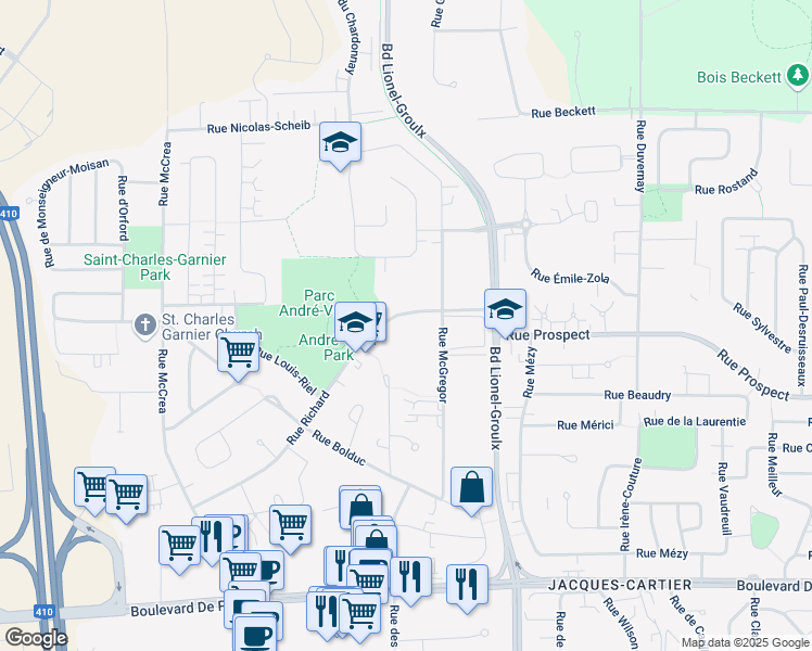 map of restaurants, bars, coffee shops, grocery stores, and more near 3100 Rue Richard in Sherbrooke
