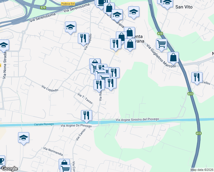 map of restaurants, bars, coffee shops, grocery stores, and more near 127 Via Roma in Noventana