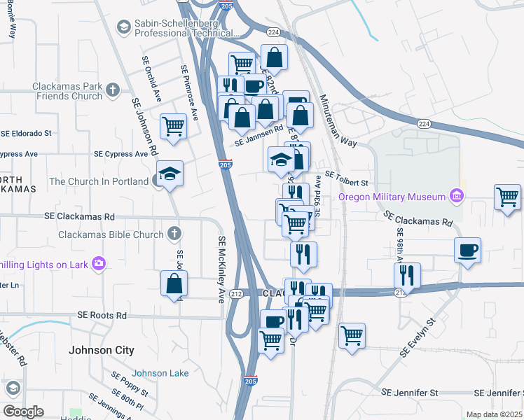 map of restaurants, bars, coffee shops, grocery stores, and more near 9003 Southeast Clackamas Road in Clackamas