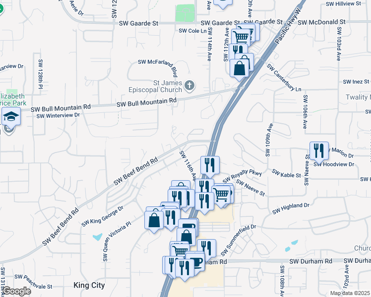 map of restaurants, bars, coffee shops, grocery stores, and more near 11575 Southwest Crown Drive in King City