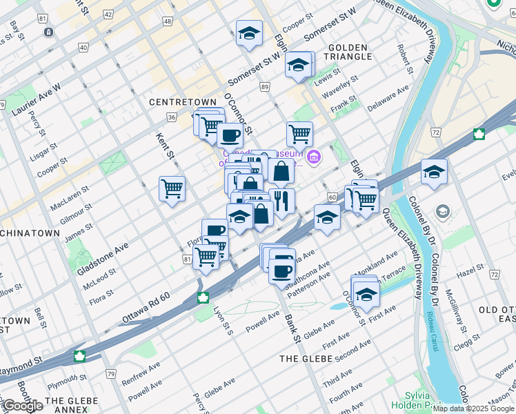 map of restaurants, bars, coffee shops, grocery stores, and more near in Ottawa